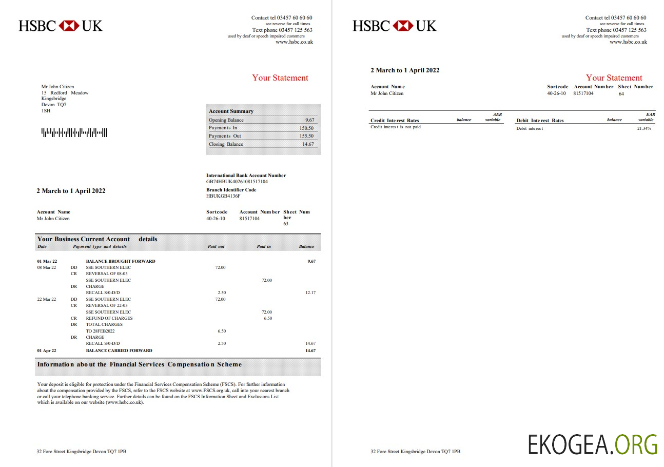 Royaume Uni Relevé de compte professionnel bancaire HSBC Modèle Word et PDF, 3 pages